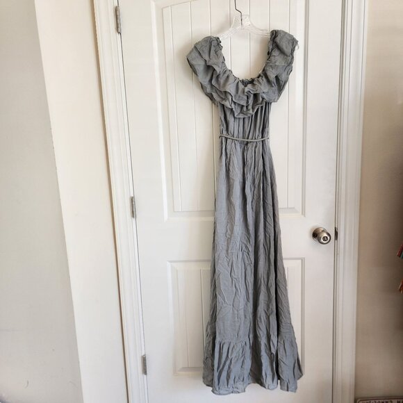 Pinkblush Sage Gray Maxi Dress With Ruffled Neckline & Elastic Waist - Picture 2 of 12